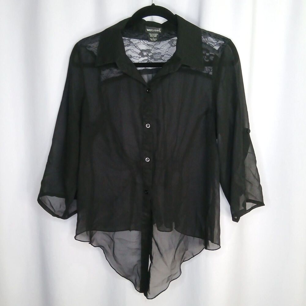 Wet Seal Button Front Sheer Blouse Black Roll Tab Sleeve Lace Insert Women Large
